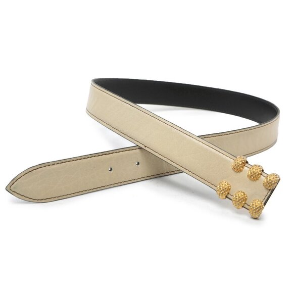 Vintage TILLA Leather Belt Gold Studded Claw Pin Buckle Italy 80s Cream Beige - Picture 1 of 9